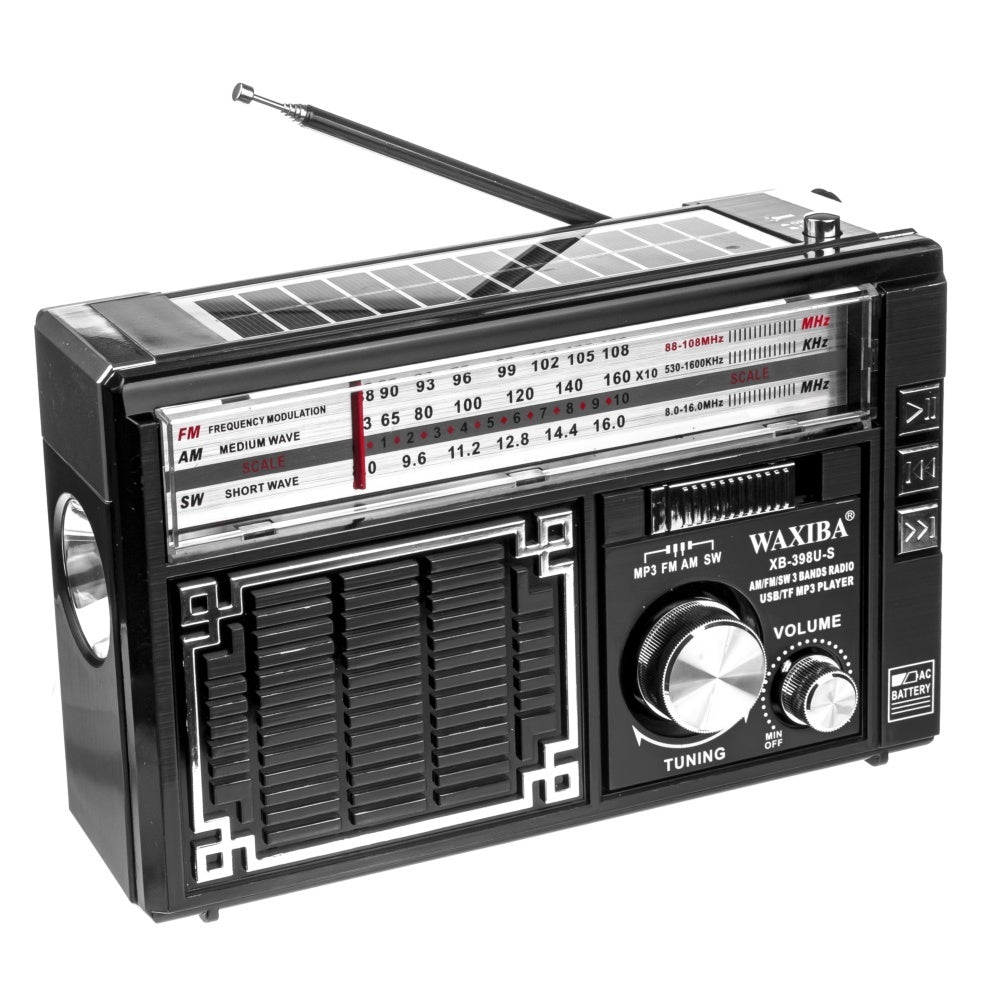 Radio Solar Retro Multifuncional (Linterna + Cargador + Radio AM/FM).